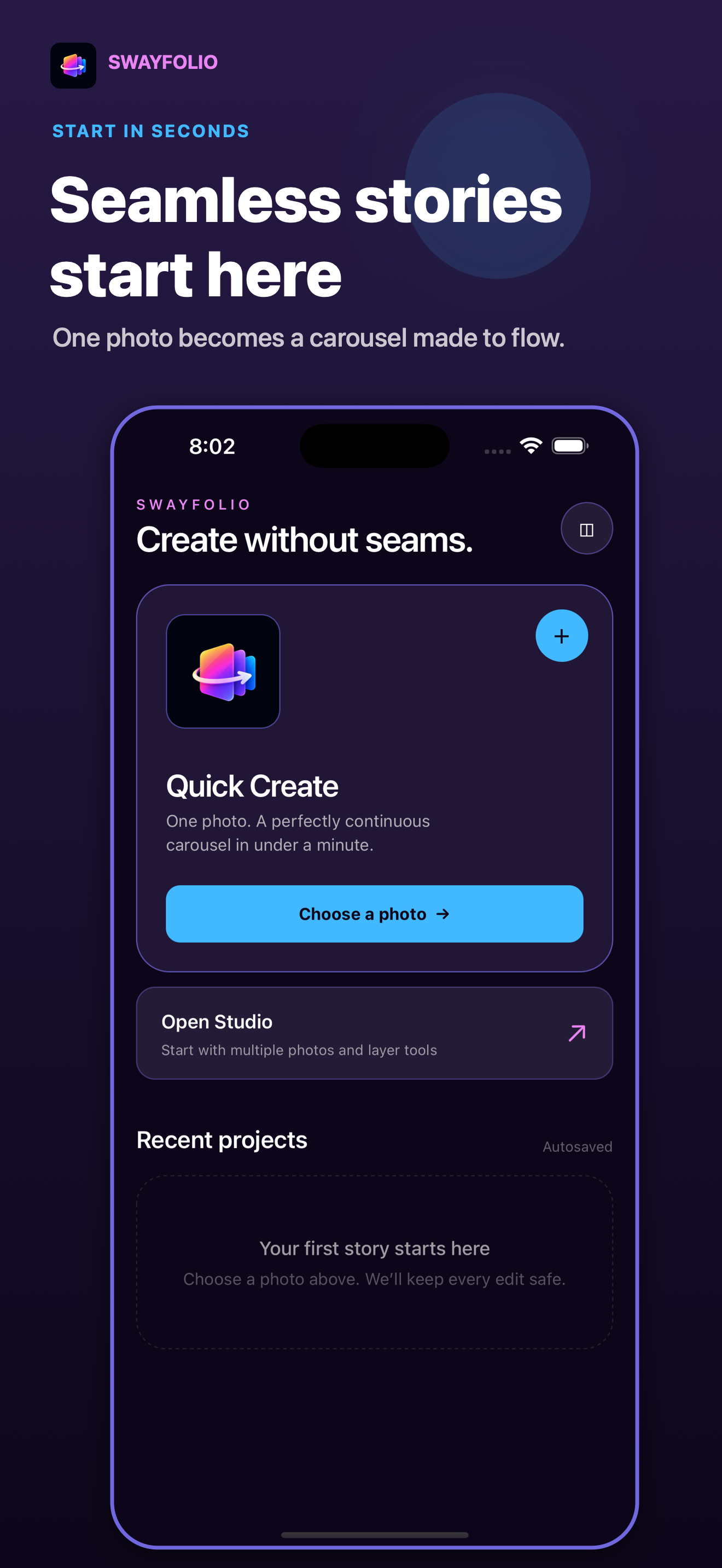 SwayFolio app screenshot showing Quick Create and a seamless carousel