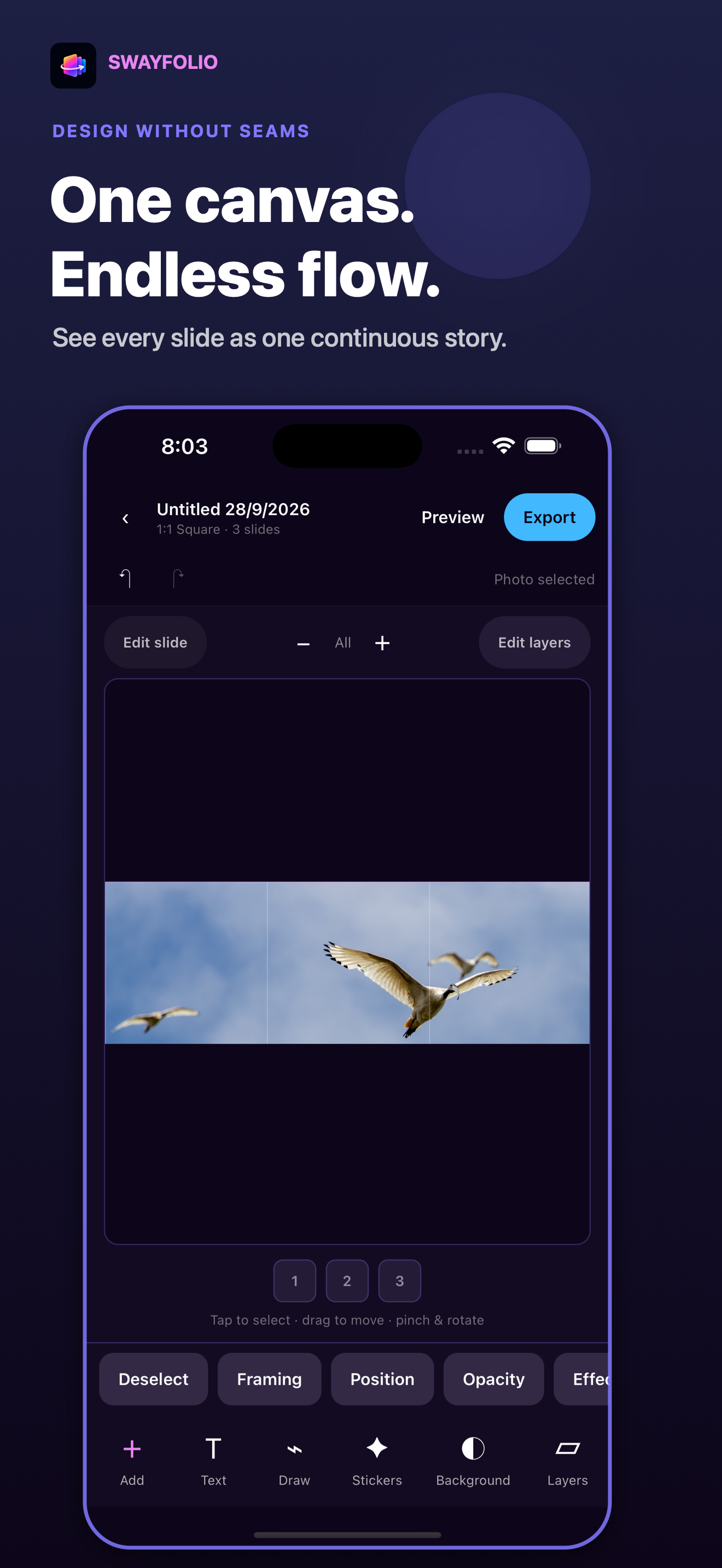SwayFolio's continuous canvas for designing a seamless Instagram carousel