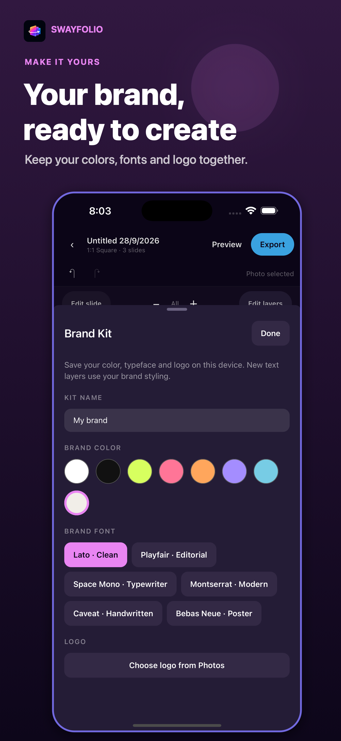 Custom text and brand styling tools in the SwayFolio carousel editor