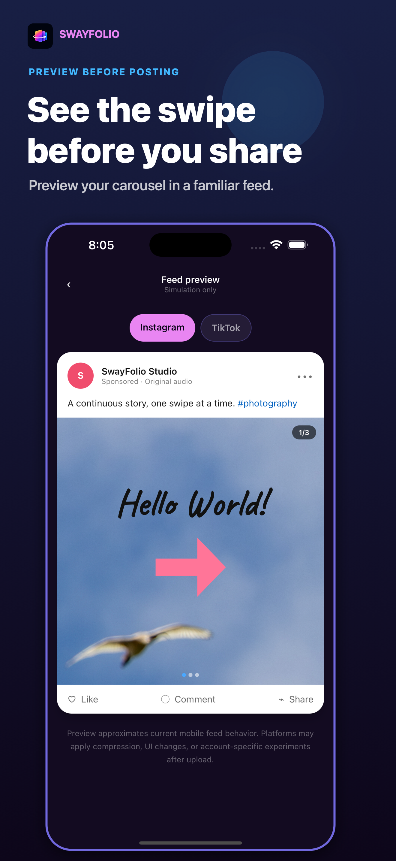 Preview an Instagram carousel swipe before exporting in SwayFolio